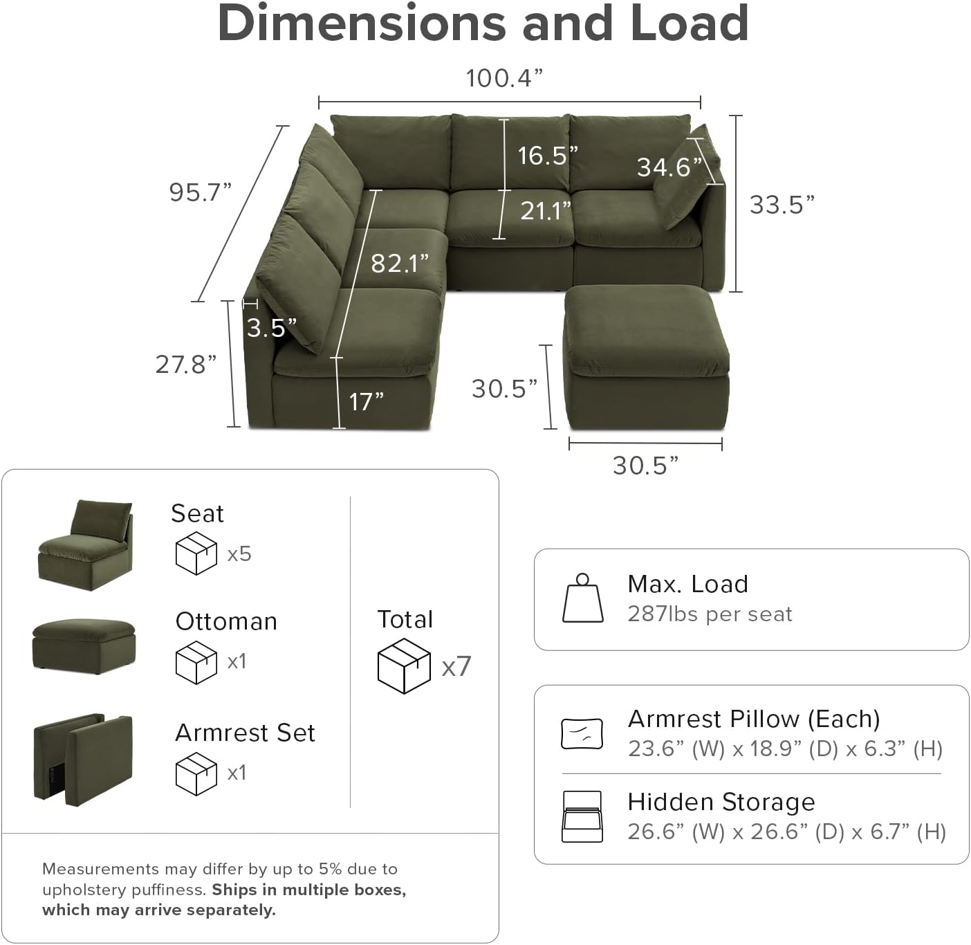 mopio Oversized Modular Sectional Sofa with Fully Removable Covers and Storage, Convertible U