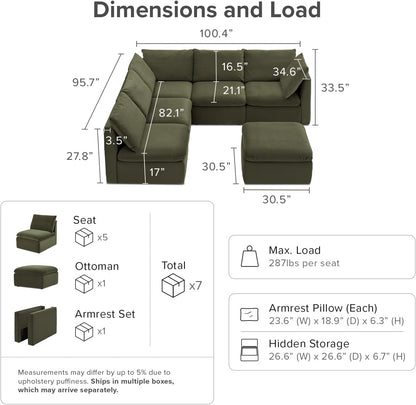 mopio Oversized Modular Sectional Sofa with Fully Removable Covers and Storage, Convertible U