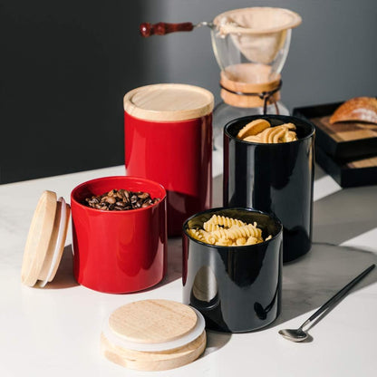 Sweejar Kitchen Canisters Ceramic Food Storage Jar, Stackable Containers with Airtight Seal Wooden