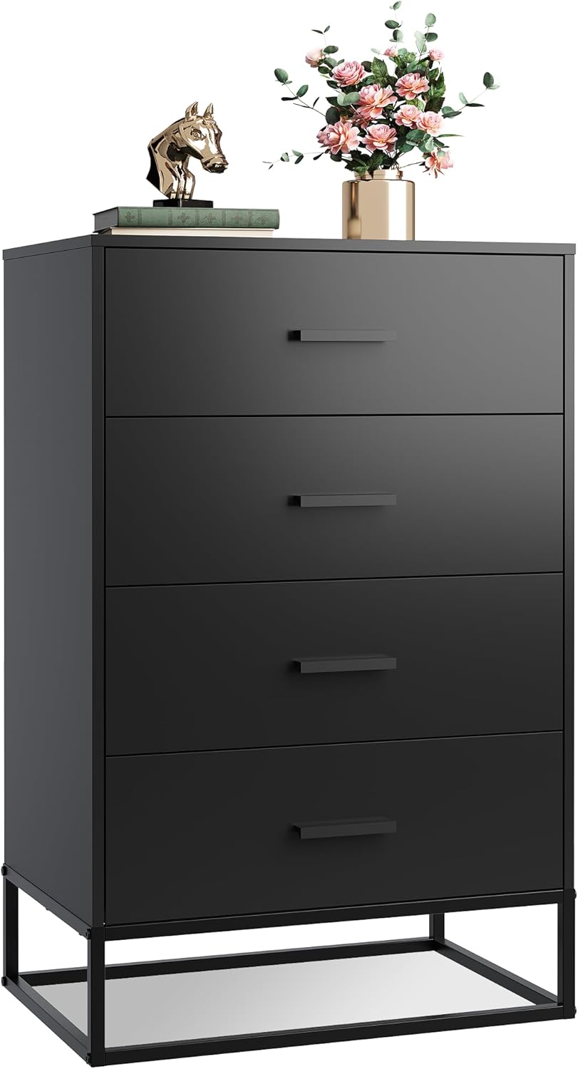 WLIVE Black Dresser for Bedroom with 4 Drawers, Tall Wood Dresser with Sturdy Metal Frame, Wooden