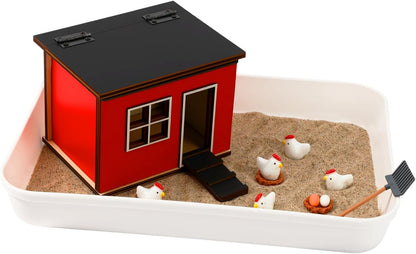CypherX Chicken Zen Garden Sand Tray Therapy Kit with Miniature Chicken Coop, Hen Figurines Mini