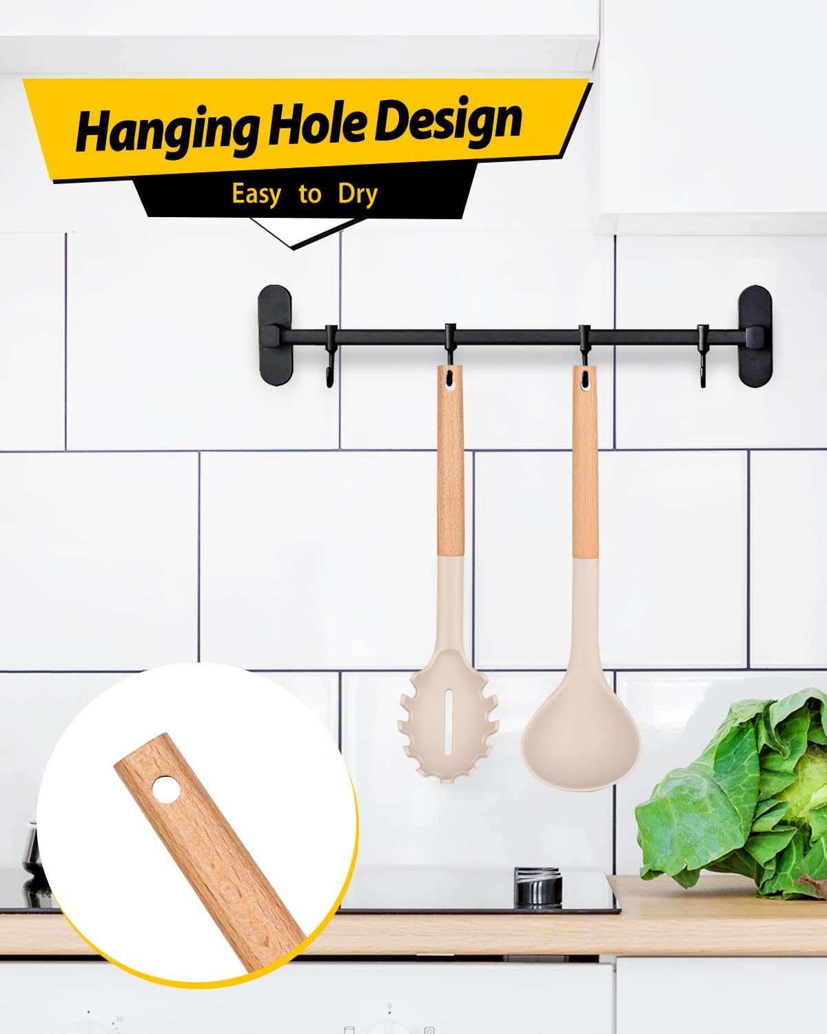 Silicone Pasta Fork and Ladle Spoon Set with Wooden Handle, Heat Resistant Non Stick Kitchen