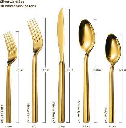 Alata Cube Gold 20-Piece Flatware Set, Forged Cutlery Set, Mirror Finish Silverware Service for 4