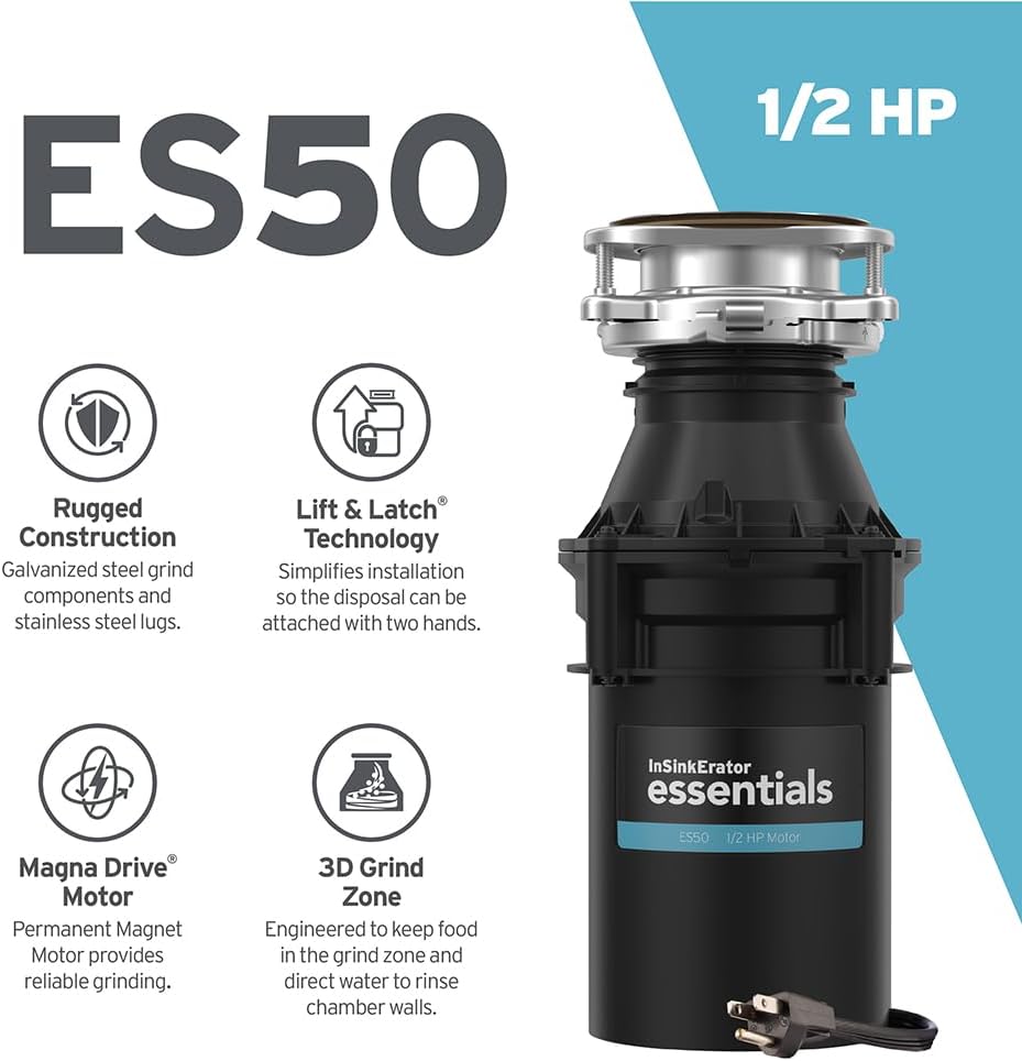 InSinkErator Essentials ES50 Kitchen Garbage Disposal with Power Cord, 1/2 HP Motor Continuous Feed