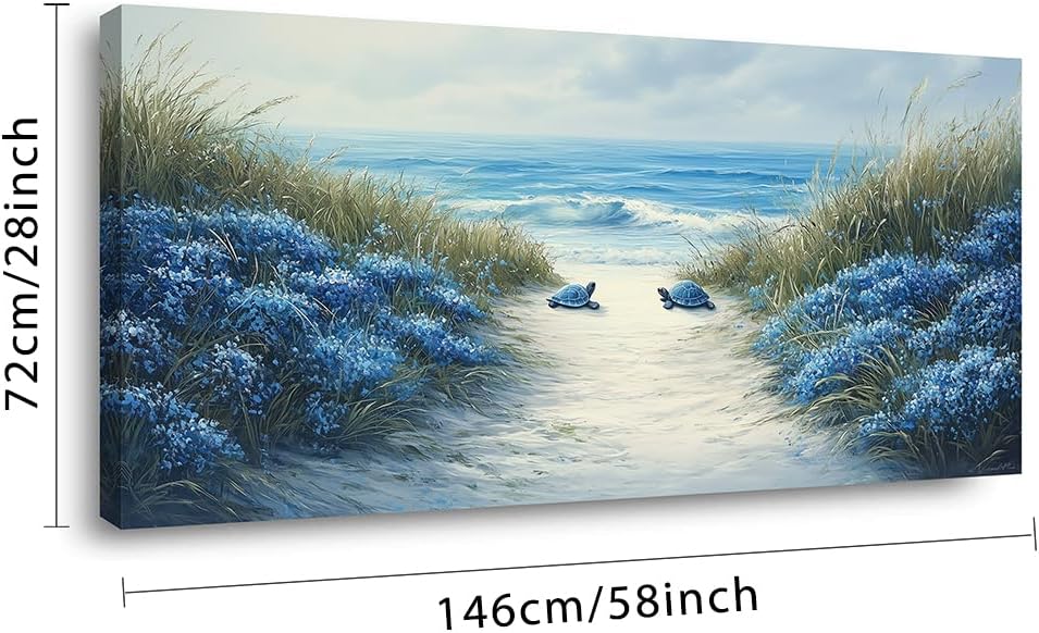 LASMOND Romantic Beach Wall Art for Living Room Blue Sea Turtle Lovers Canvas Painting Prints Ocean