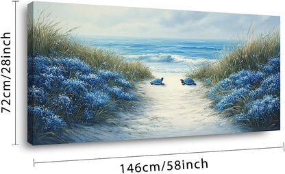 LASMOND Romantic Beach Wall Art for Living Room Blue Sea Turtle Lovers Canvas Painting Prints Ocean