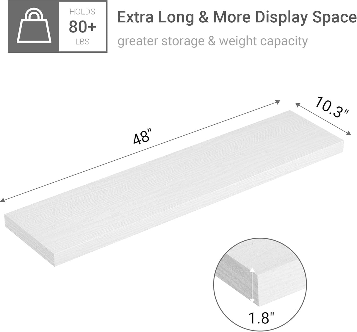 Single Floating Shelves 48 Inches, 48 x 10 inch Deep x 1.8 in Thick, Long Wall Shelves Heavy Duty