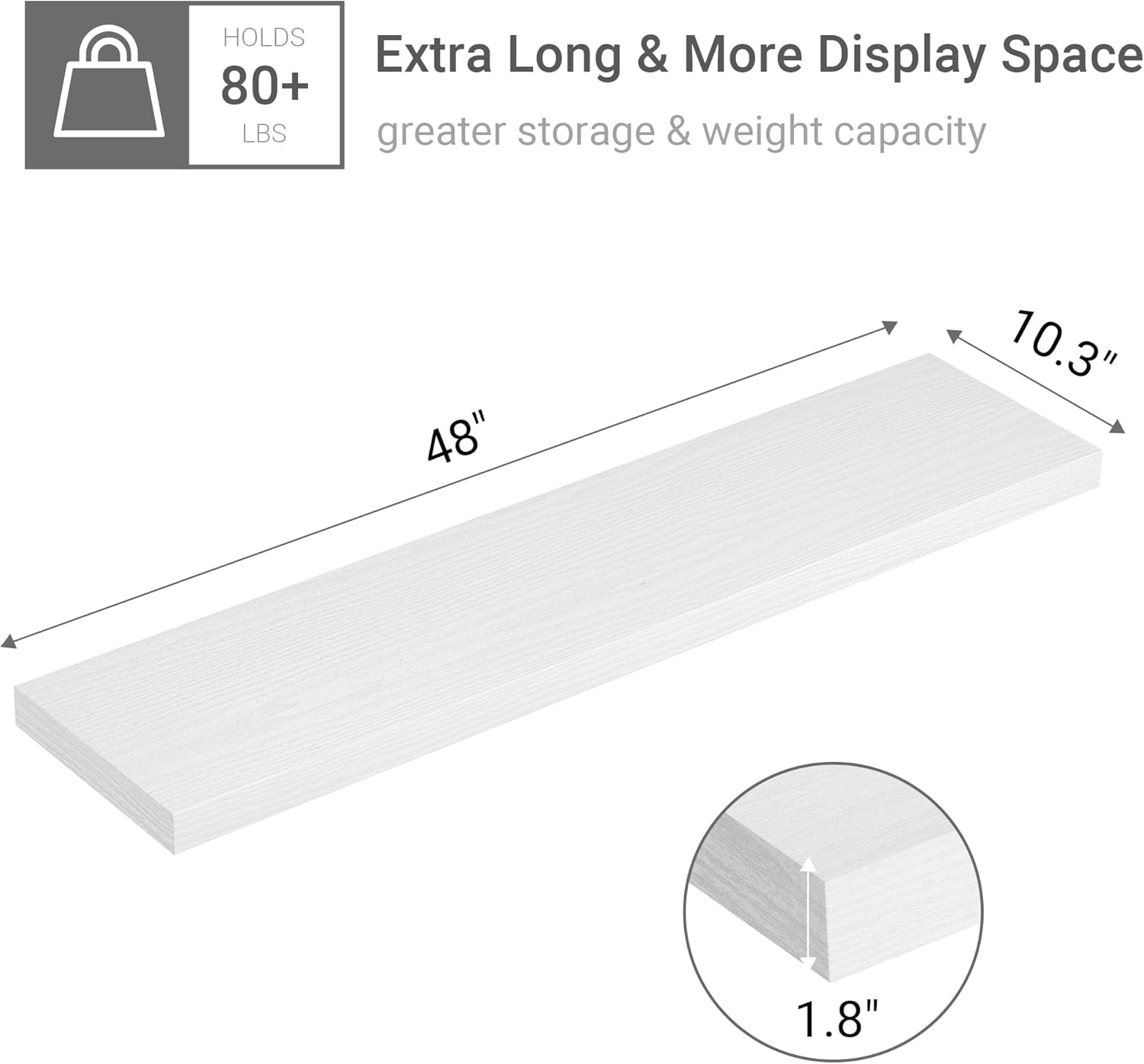Single Floating Shelves 48 Inches, 48 x 10 inch Deep x 1.8 in Thick, Long Wall Shelves Heavy Duty