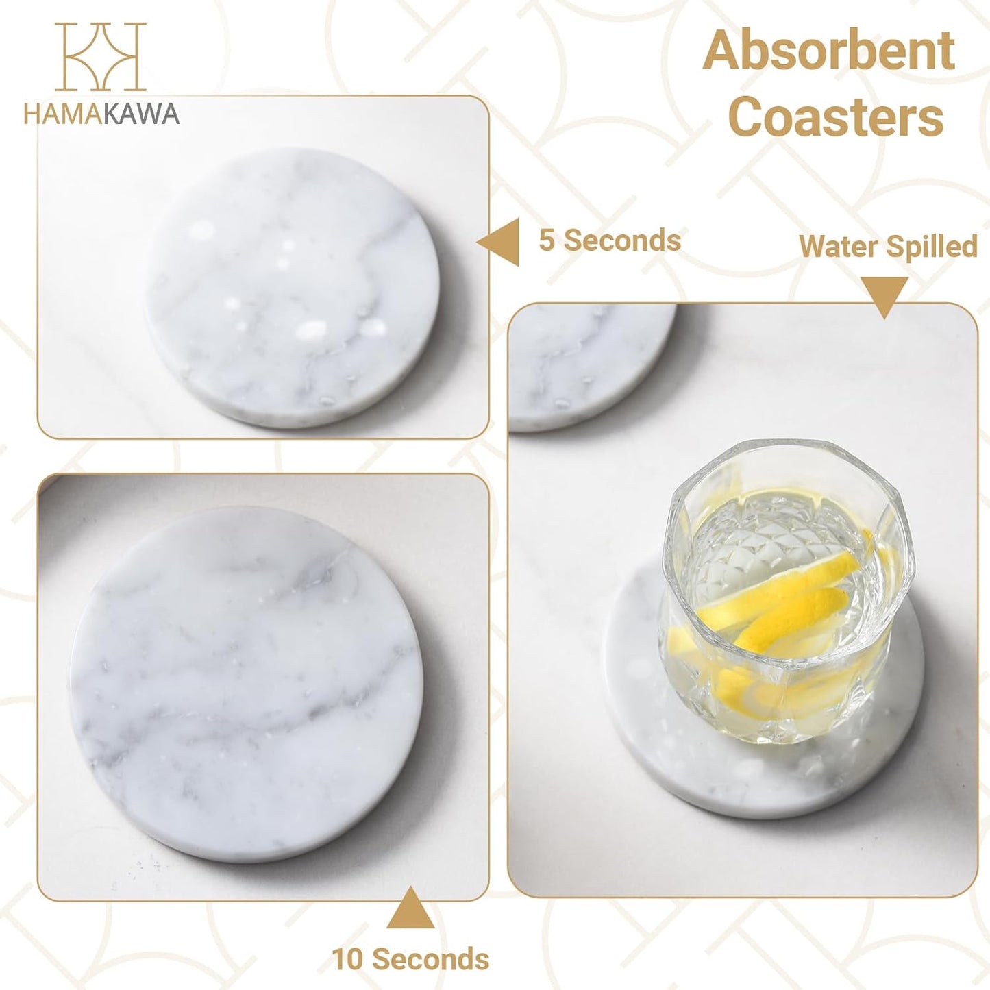 Real Natural Marble Coasters Set of 4, Carrara White Limestone 4 Inch/10 cm, Modern Round Stone