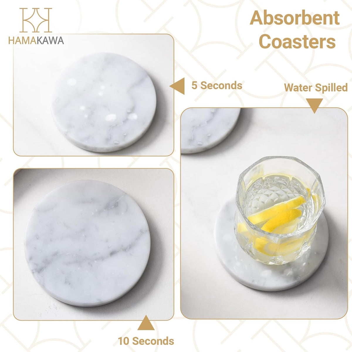 Real Natural Marble Coasters Set of 4, Carrara White Limestone 4 Inch/10 cm, Modern Round Stone