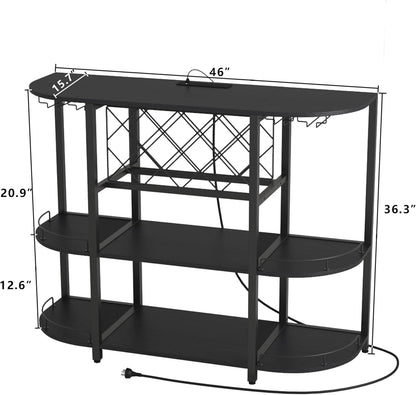 Wine Cabinet Coffee Table with Power Socket and LED Light, Three Tiers Coffee Bar Table Wine Rack