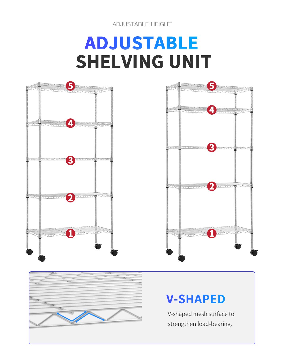 BestOffice | 5-Tier Garage Shelving with Wheels | 14" x 30" x 60" | Chrome