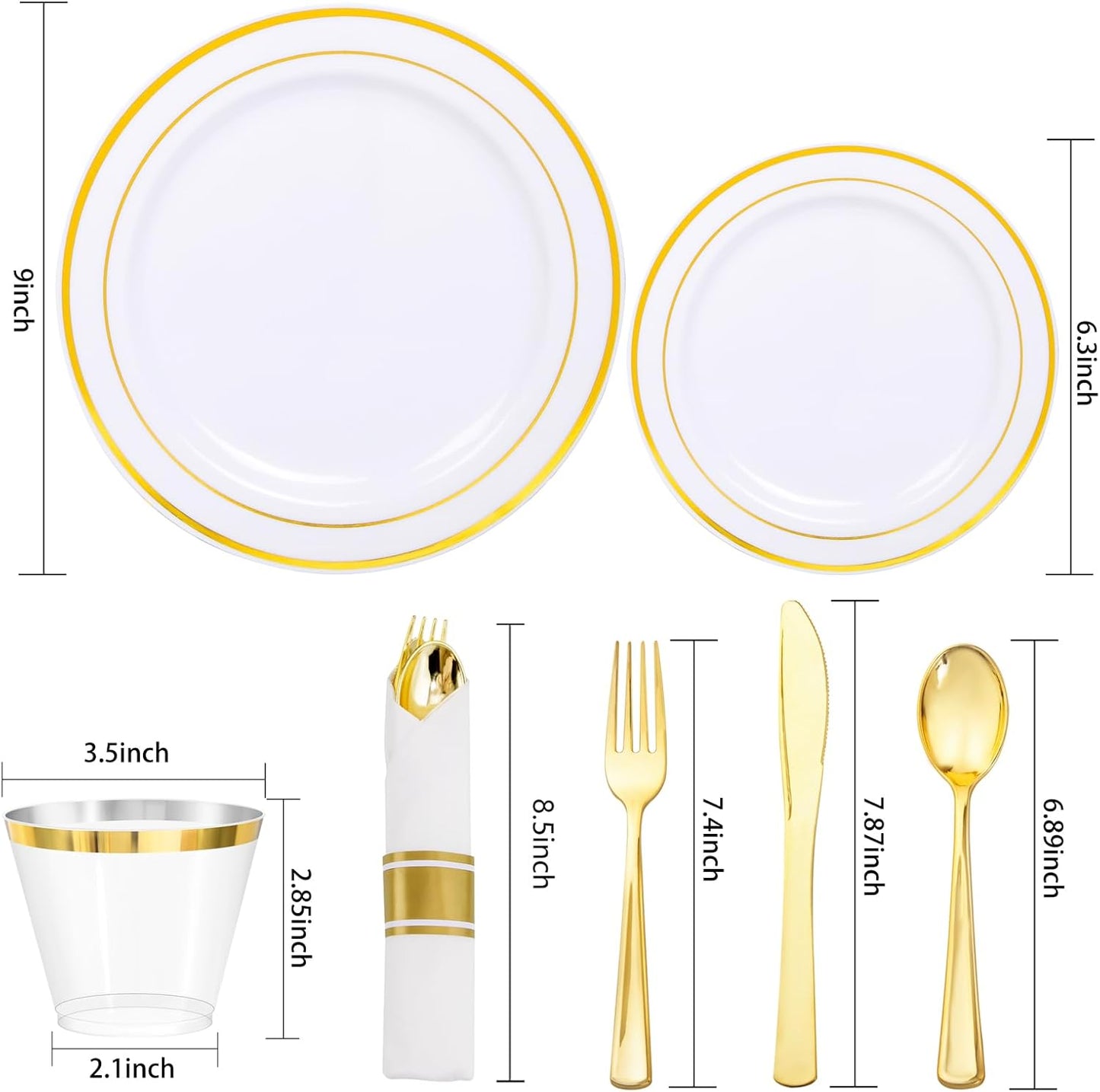 350Piece Gold Dinnerware Set for 50 Guests - Gold Plastic Plates with Disposable Cutlery
