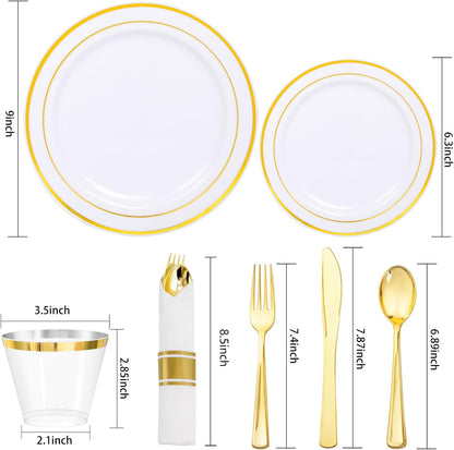 350Piece Gold Dinnerware Set for 50 Guests - Gold Plastic Plates with Disposable Cutlery
