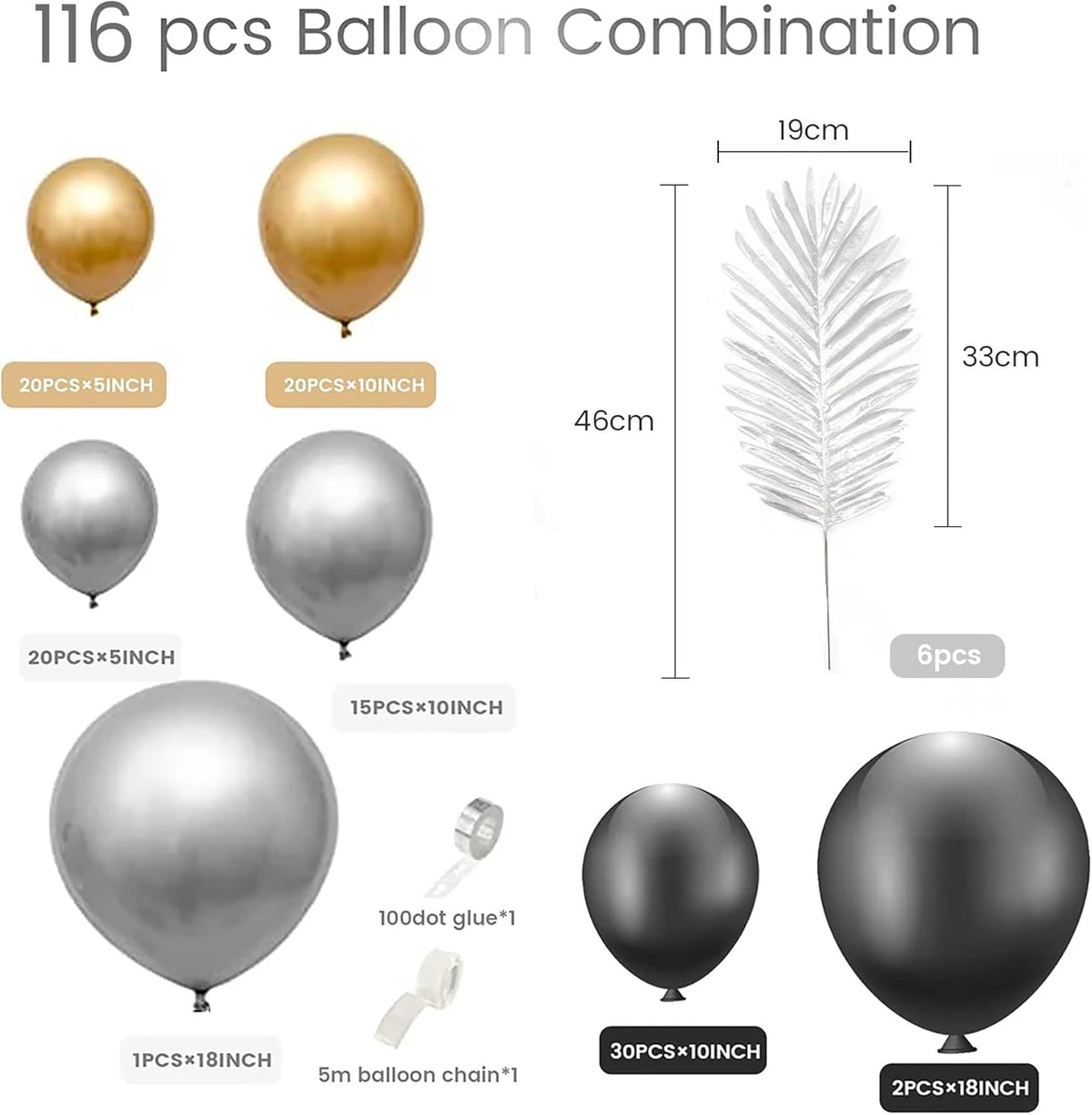 116pcs Black Gold Silver Chrome Balloon Garland Arch Kit for Gatsby Roaring 20s Birthday, New Year