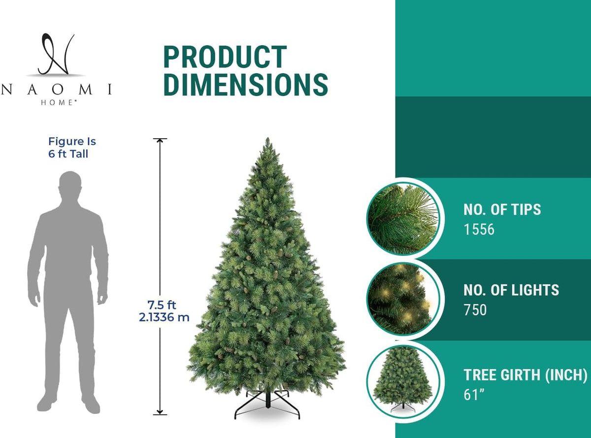 Naomi Home 7.5ft Christmas Tree with Lights, Realistic Traditional Prelit with Pine Cones, Foot