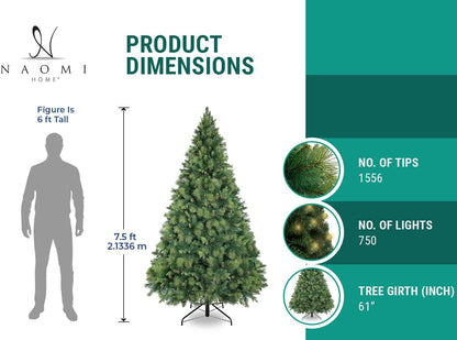 Naomi Home 7.5ft Christmas Tree with Lights, Realistic Traditional Prelit with Pine Cones, Foot