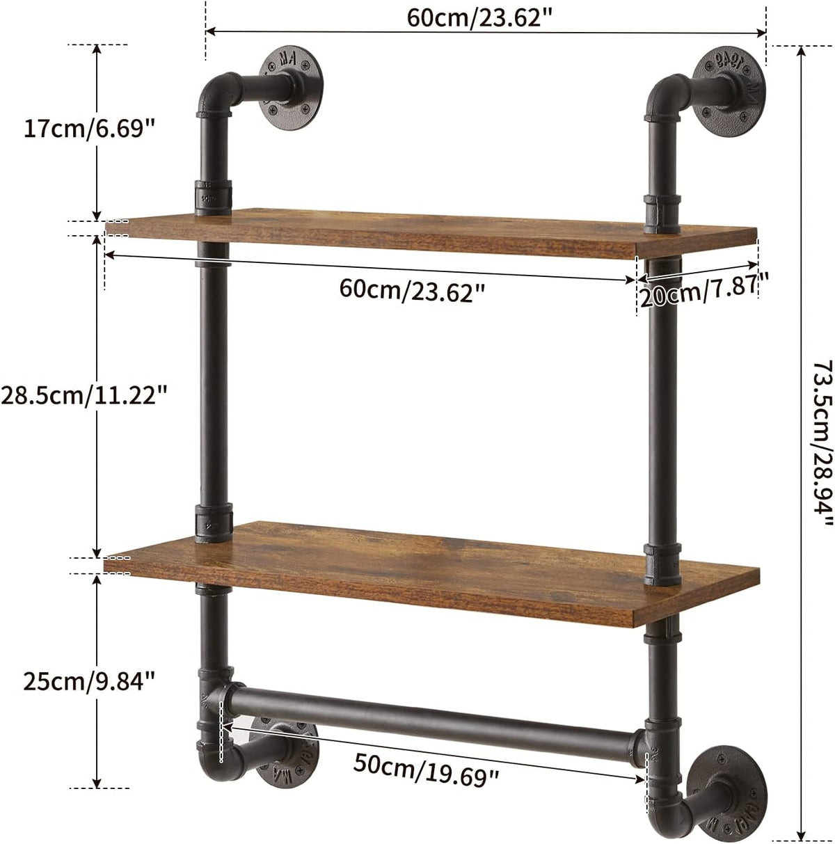 IBUYKE Pipe Floating Shelves,Rustic Iron 28.5 inches Industrial Pipe Shelf,2-Tier Wall Shelf with