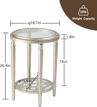 COSIEST Set of 2 Modern Round End Table, 2-Tier Glass Side Table with Glass Tabletop, Wood Accent
