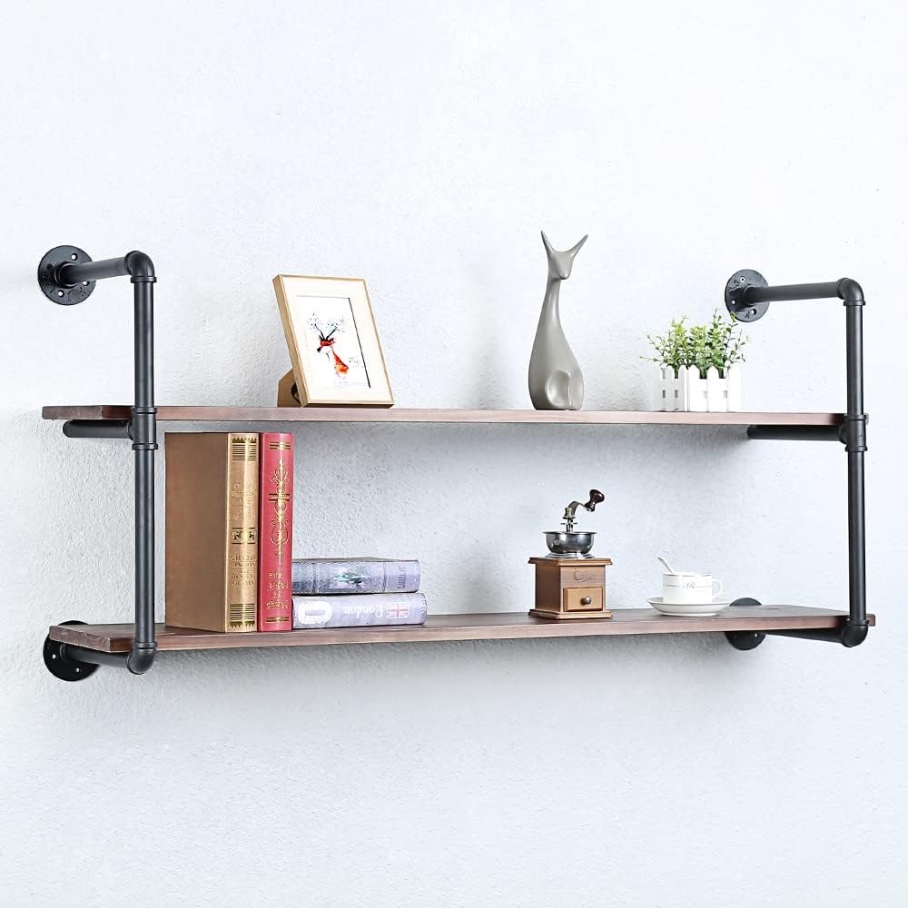Industrial Pipe Shelving Wall Mounted,48in Rustic Metal Floating Shelves,Steampunk Real Wood Book