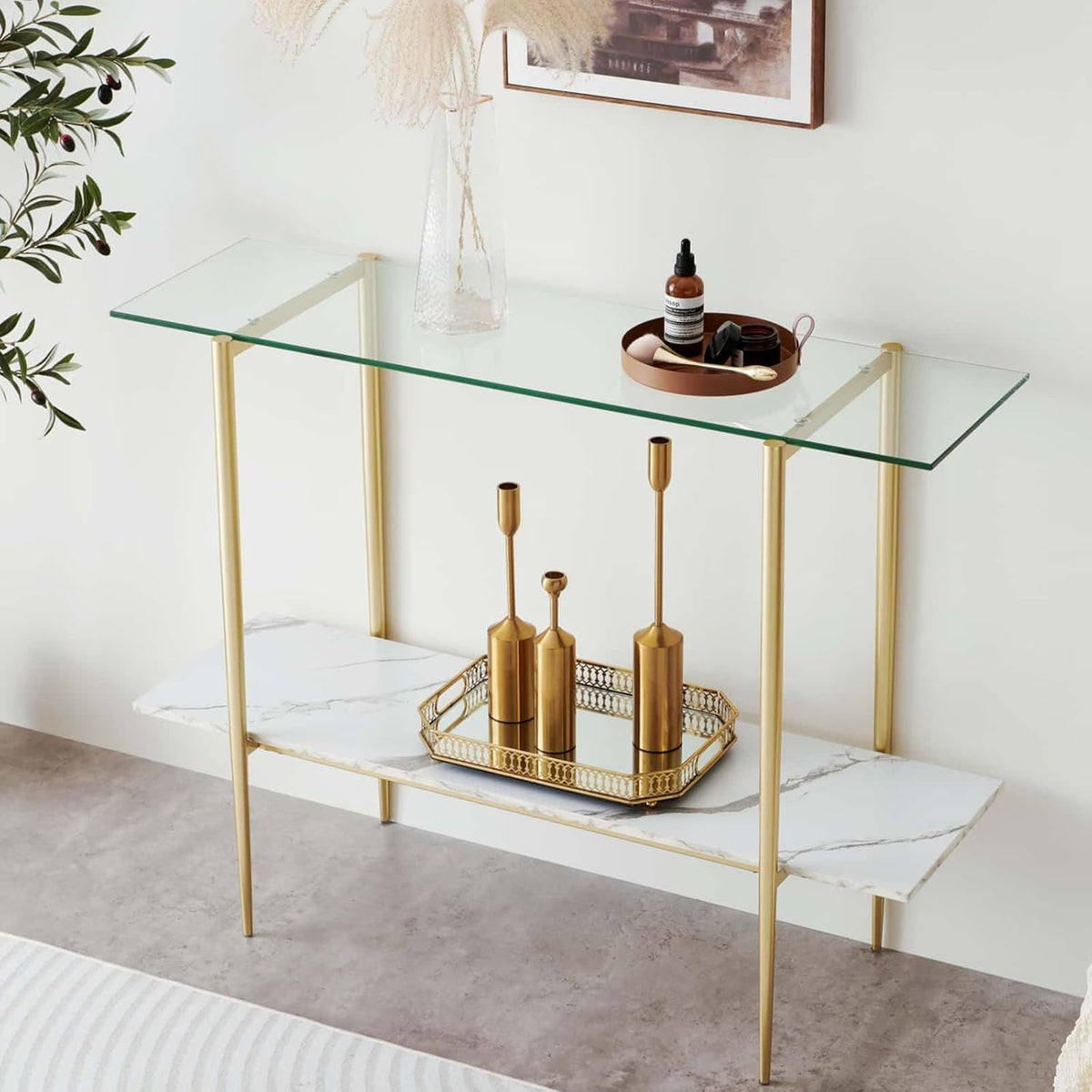 Glass Console Table for Living Room, Foyer & Entrance, 2-Tiers Mid-Century Modern Sofa Table with
