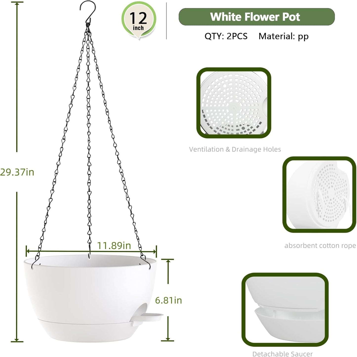 12 Inch Hanging Baskets 2 PC with Chains, Self-Watering Hanging Planters for Indoor Outdoor Plants