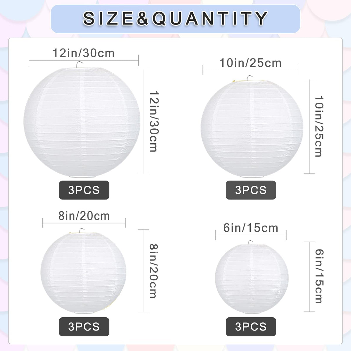 12Pcs Round Paper Lanterns Assorted Sizes (6" 8" 10" 12") for Home Decor, Restaurant, Church