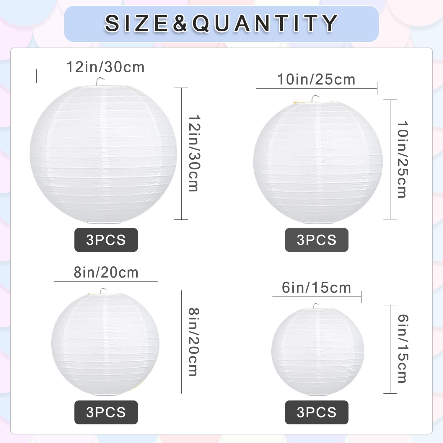 12Pcs Round Paper Lanterns Assorted Sizes (6" 8" 10" 12") for Home Decor, Restaurant, Church