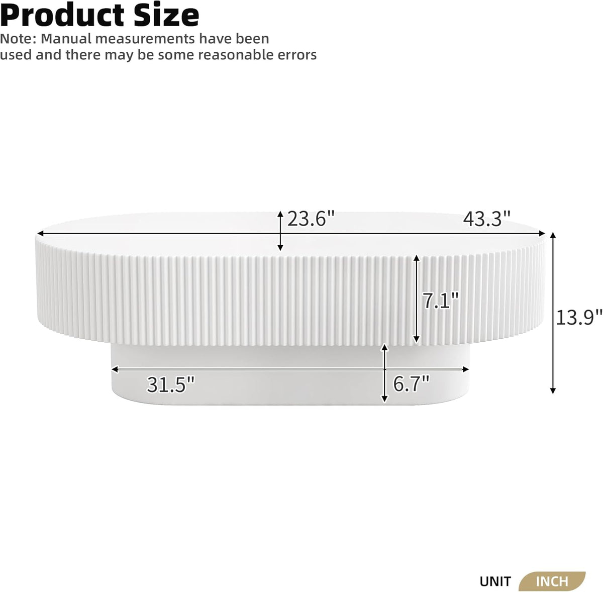 43.3" Oval Fluted Coffee Table Modern Elegant Drum End Table, Minimalist Center Table 7.8" Thick