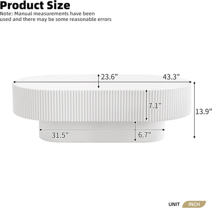 43.3" Oval Fluted Coffee Table Modern Elegant Drum End Table, Minimalist Center Table 7.8" Thick