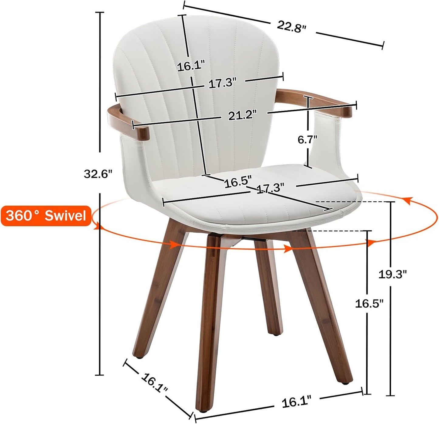 LUNLING Swivel Dining Chairs, Mid Century Modern White Faux Leather Kitchen Chairs with Arms,Bamboo