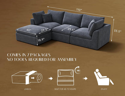 110 Inch Cloud Sectional Couches for Living Room, Convertible L Shaped Couch with Ottoman, 3 Seater