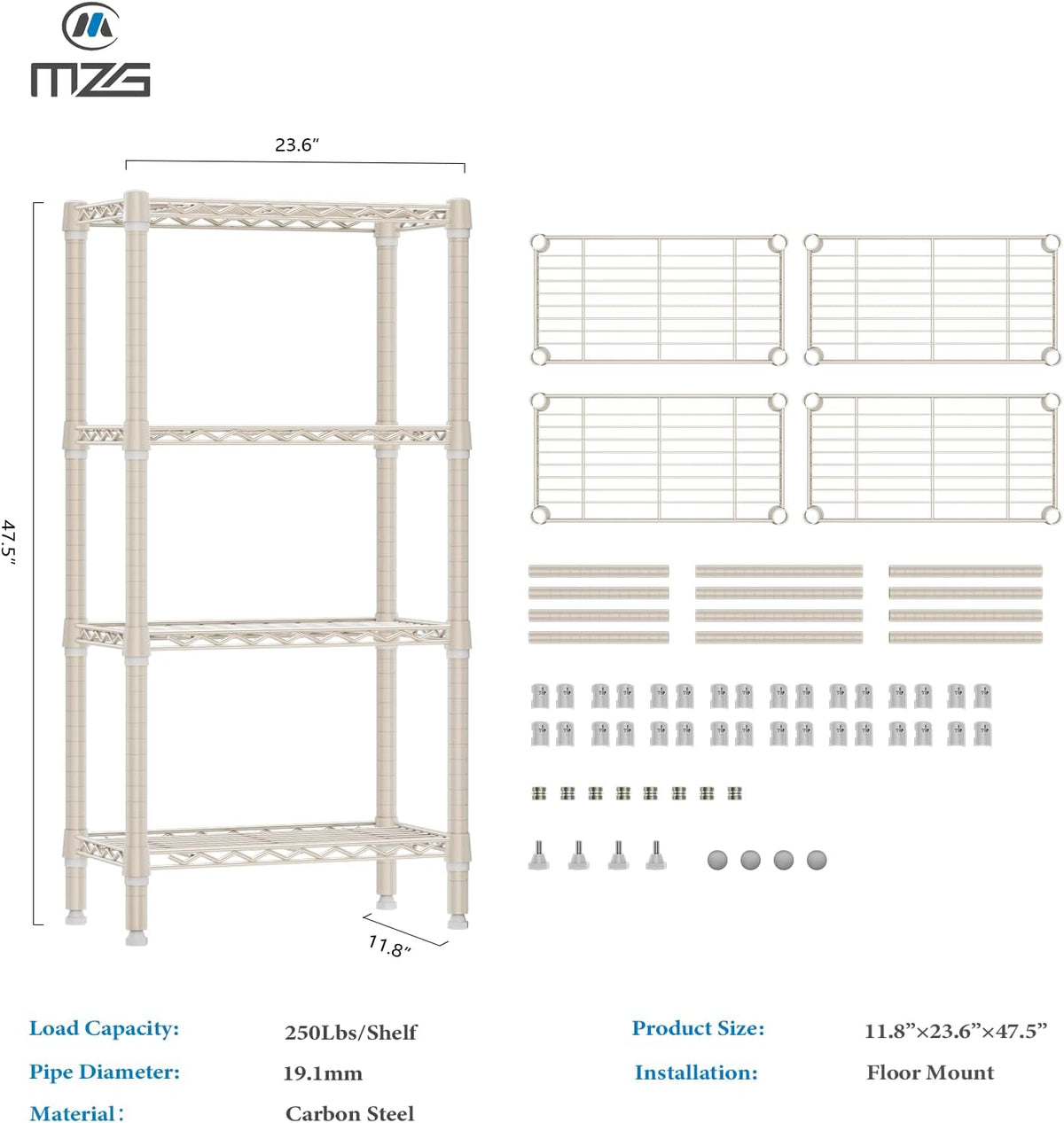 1000 lbs 4-Shelf Standing Storage Shelves Heavy Duty Metal Shelving Unit Adjustable Wire Rack for