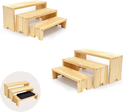 Display Wood Risers Wooden Stand 3 Tier Wood Racks Decorative Rectangular, 2 Set 6 Piece Cupcake