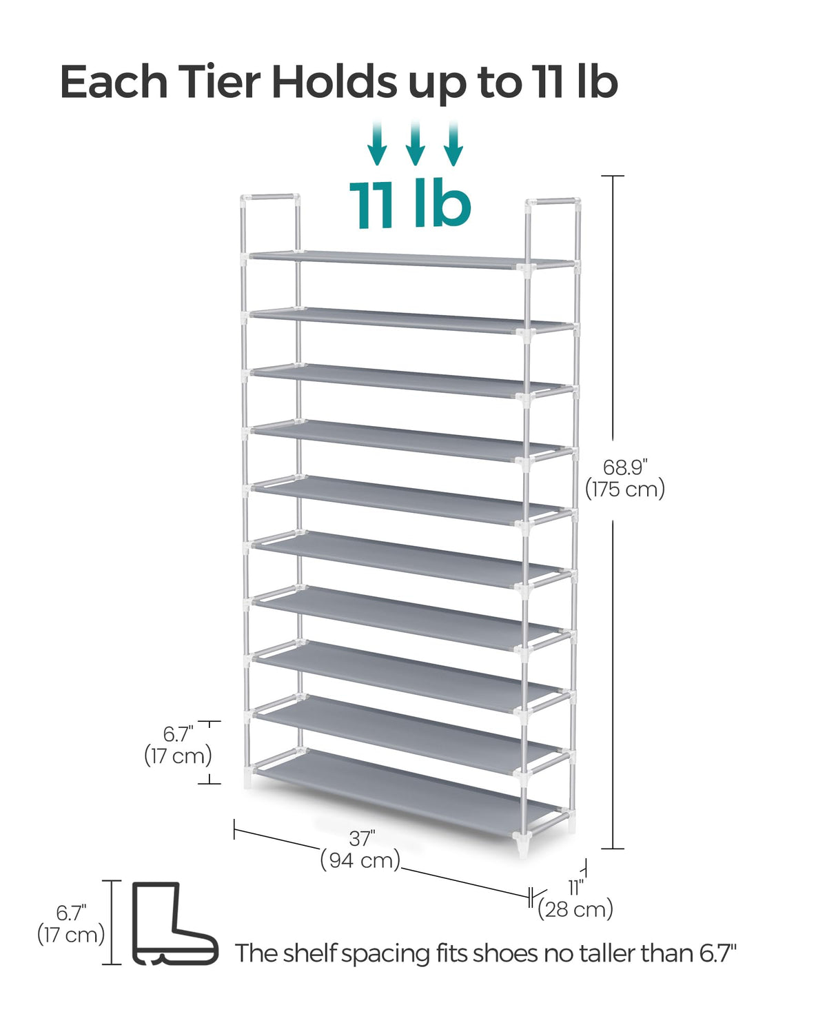 SONGMICS Shoe Rack, 10-Tier Shoe Shelf, Shoe Storage Organizer, 11 x 37 x 68.9 Inches, Metal Frame