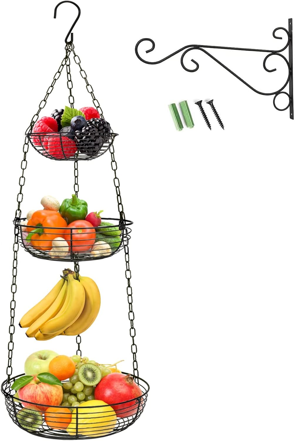 HULISEN 3 Tier Hanging Fruit Basket with Banana Hook, Heavy Duty Wire Hanging Baskets for Kitchen