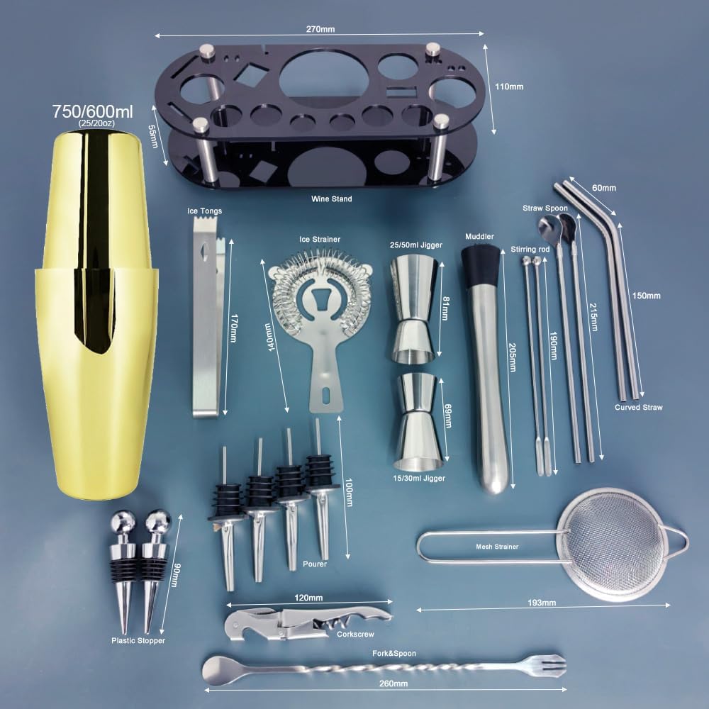 22-Piece Cocktail Shaker Set, 25/20oz Bartender Kit, Bartending Stainless Steel Bar Tools Sets for