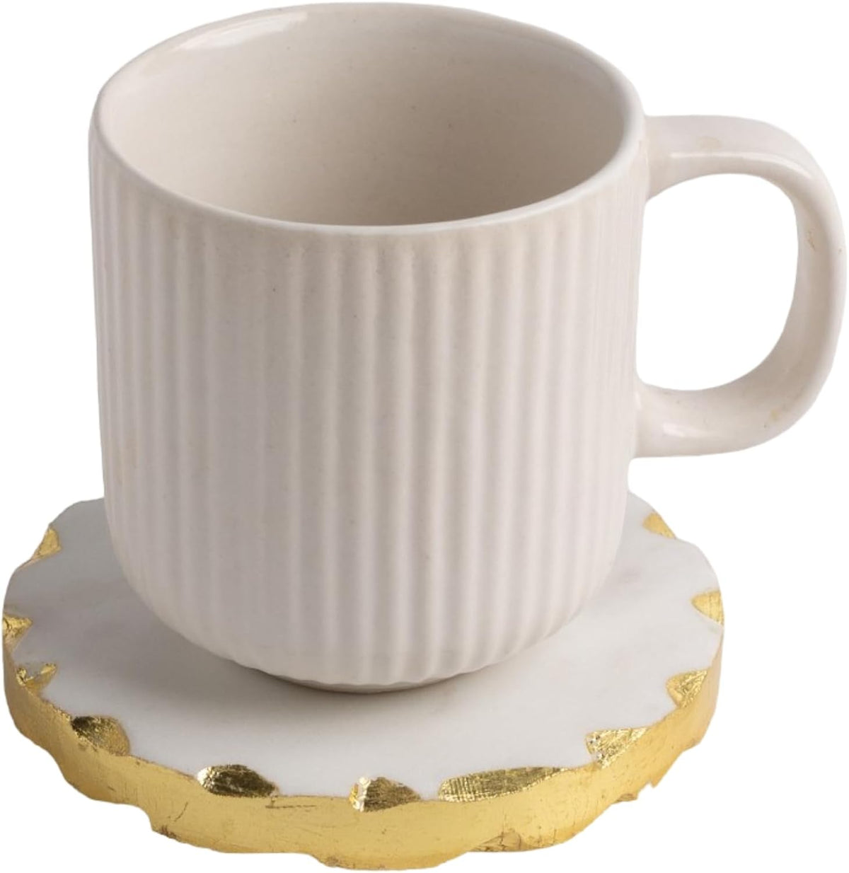 Set of 6 Real Marble Coasters with Golden Borders, decoratice White & Gold Coasters for Desk