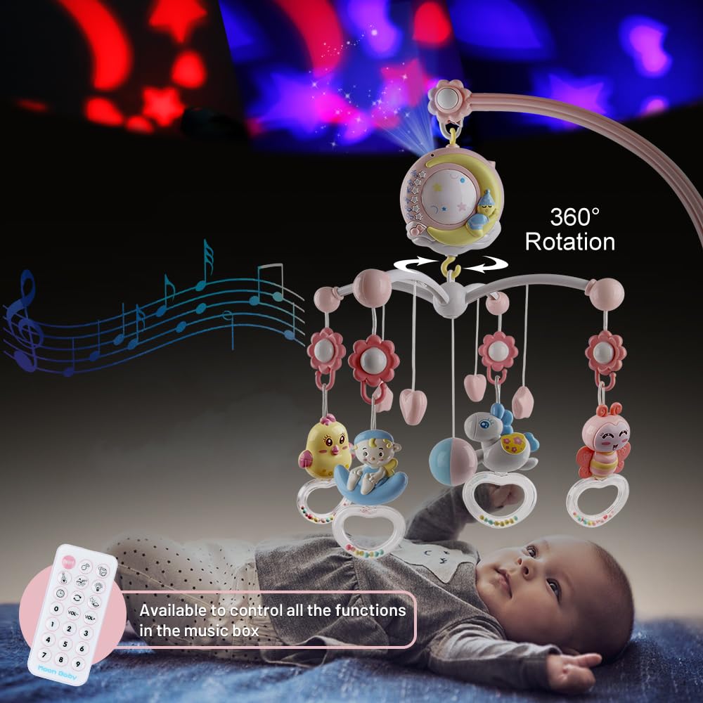 Baby Musical Crib Mobile with Timing Function Projector and Lights,Hanging Rotating Rattles and
