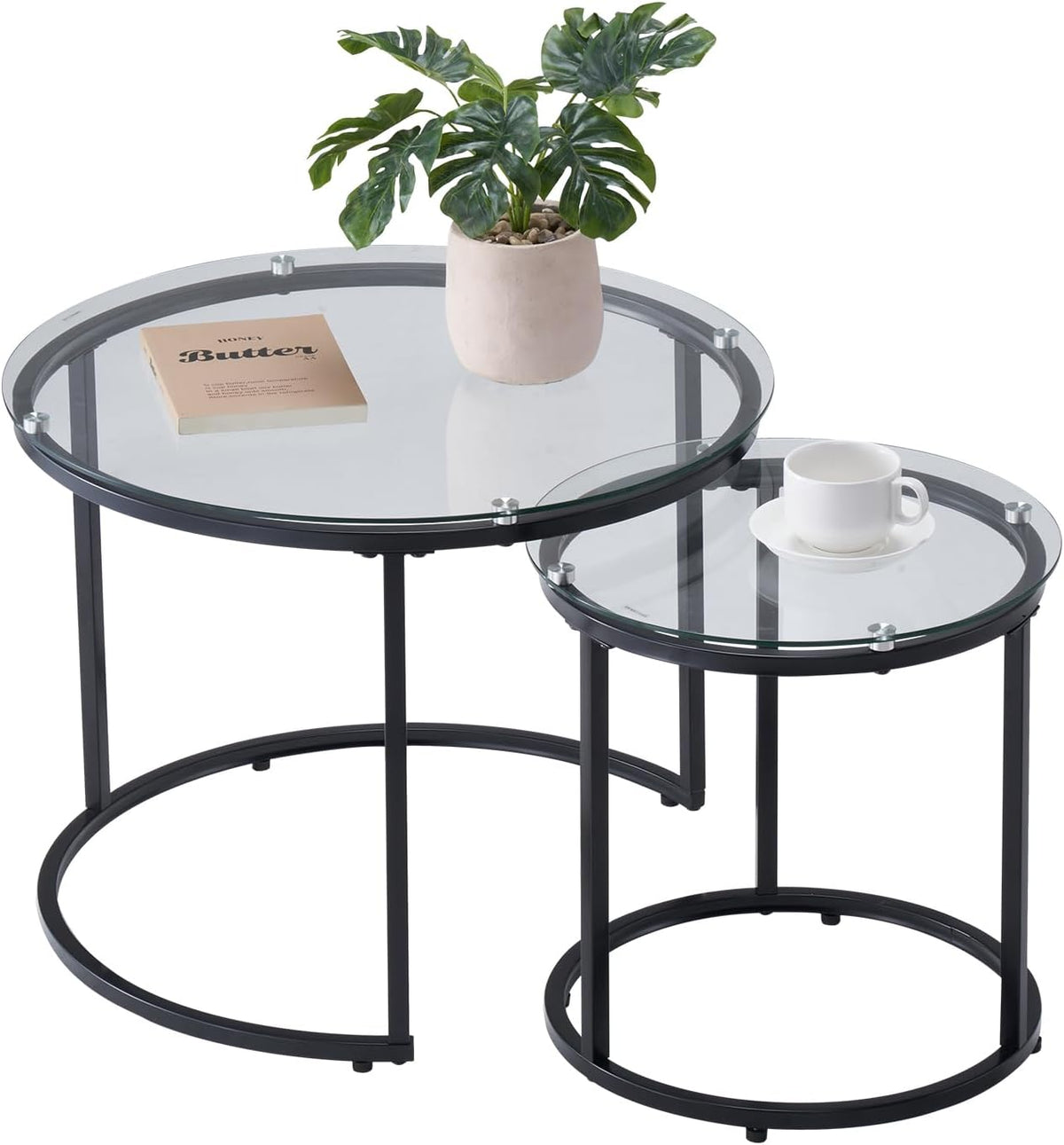VEVOR Nesting Tables, Glass Coffee Table Set of 2, 23.6 inch Round Coffee Table, Small Coffee