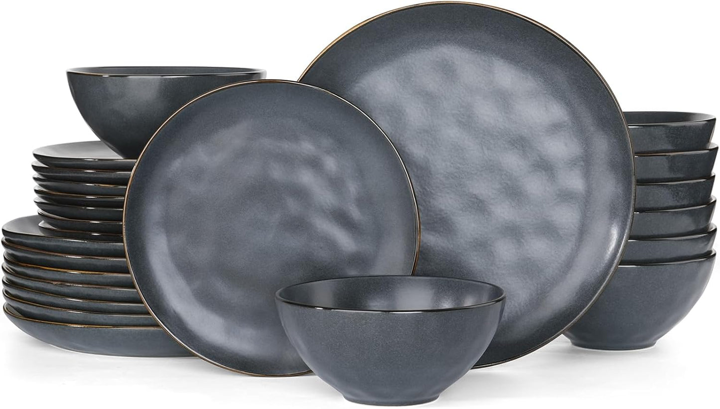 Famiware Dinnerware Sets for 8, Ocean Round 24-Piece Kitchen Plates and Bowls Sets, Microwave and