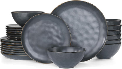Famiware Dinnerware Sets for 8, Ocean Round 24-Piece Kitchen Plates and Bowls Sets, Microwave and