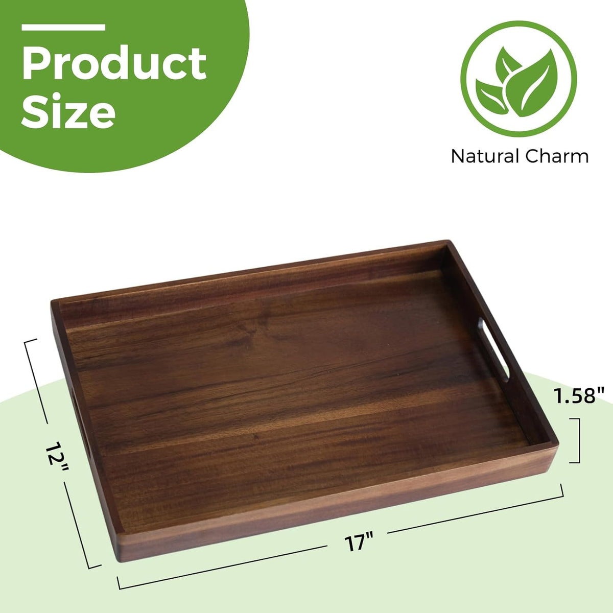 Acacia Wood Serving Tray with Handles, 17 Inch Wooden Tray for Ottoman, Breakfast, Lunch, Dinner