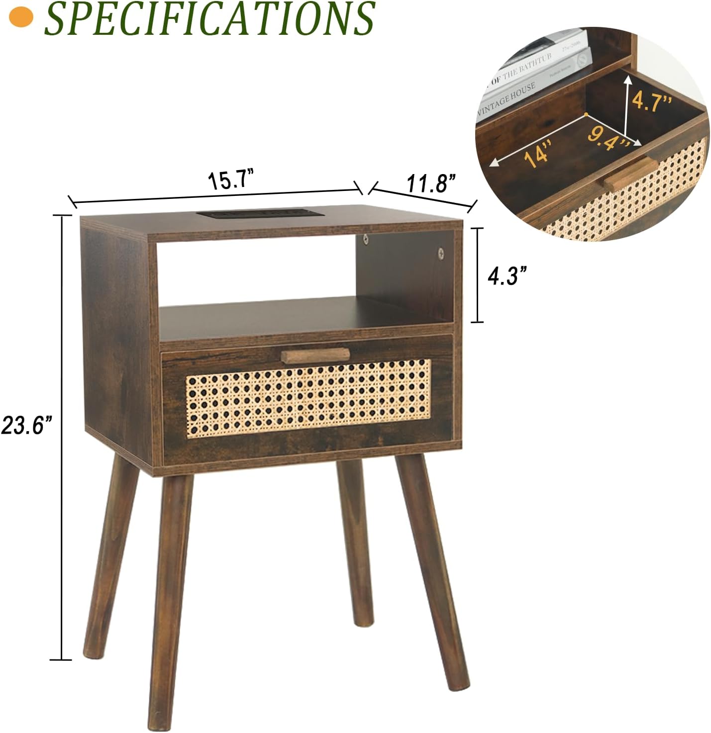 MaxSmeo Small Nightstand with Charging Station, Rattan Side Table Mid Century Modern Bedside Table