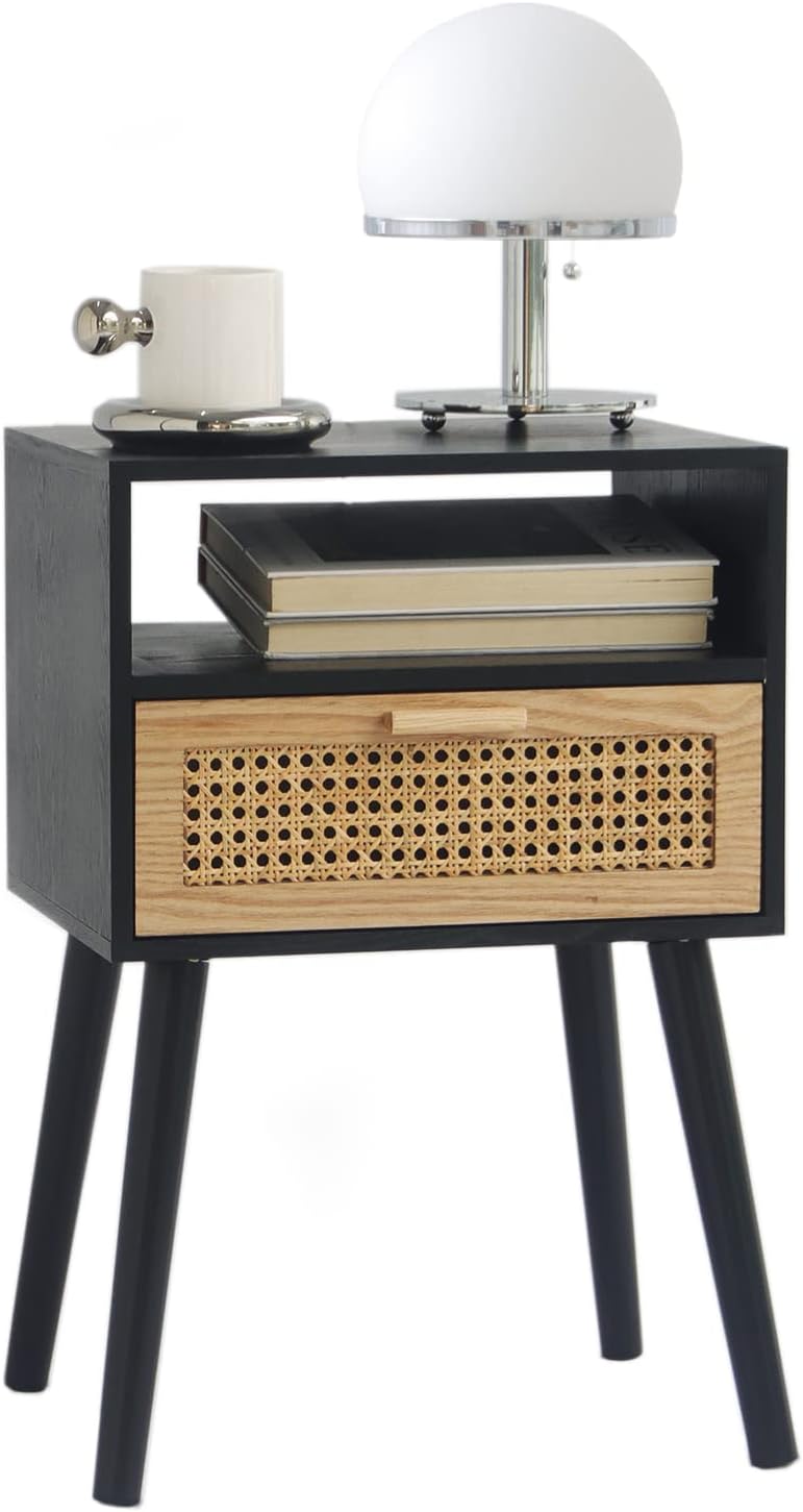 MaxSmeo End Table with Storage Mid Century Nightstand with Rattan Drawer and Shelf, Wood Small Side