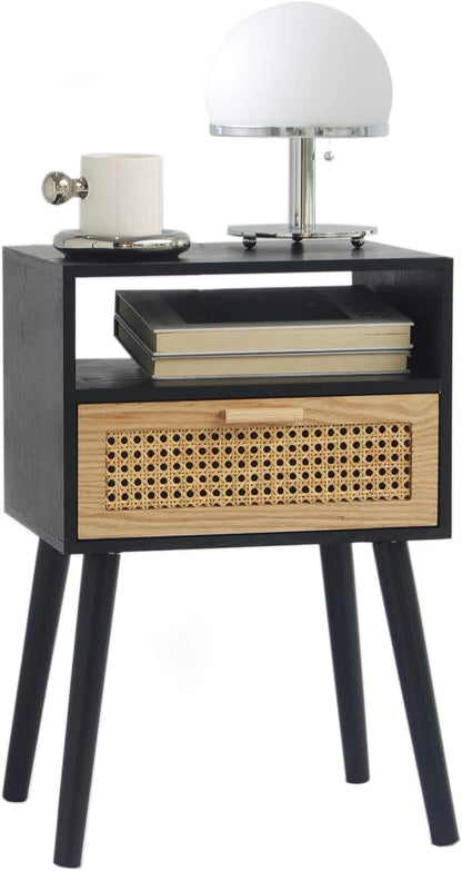MaxSmeo End Table with Storage Mid Century Nightstand with Rattan Drawer and Shelf, Wood Small Side