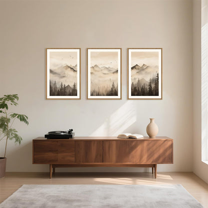 Celestdeco Nature Misty Forest Framed Canvas Wall Art Set, Foggy Landscape Wall Decor, Watercolor