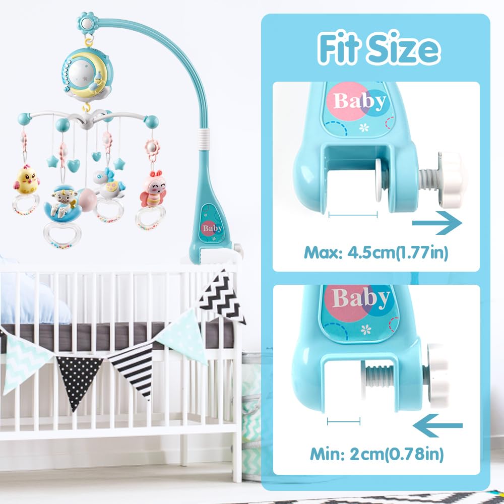 Baby Musical Crib Mobile with Timing Function Projector Lights,Stand-Along Rattles and 150 Melodies
