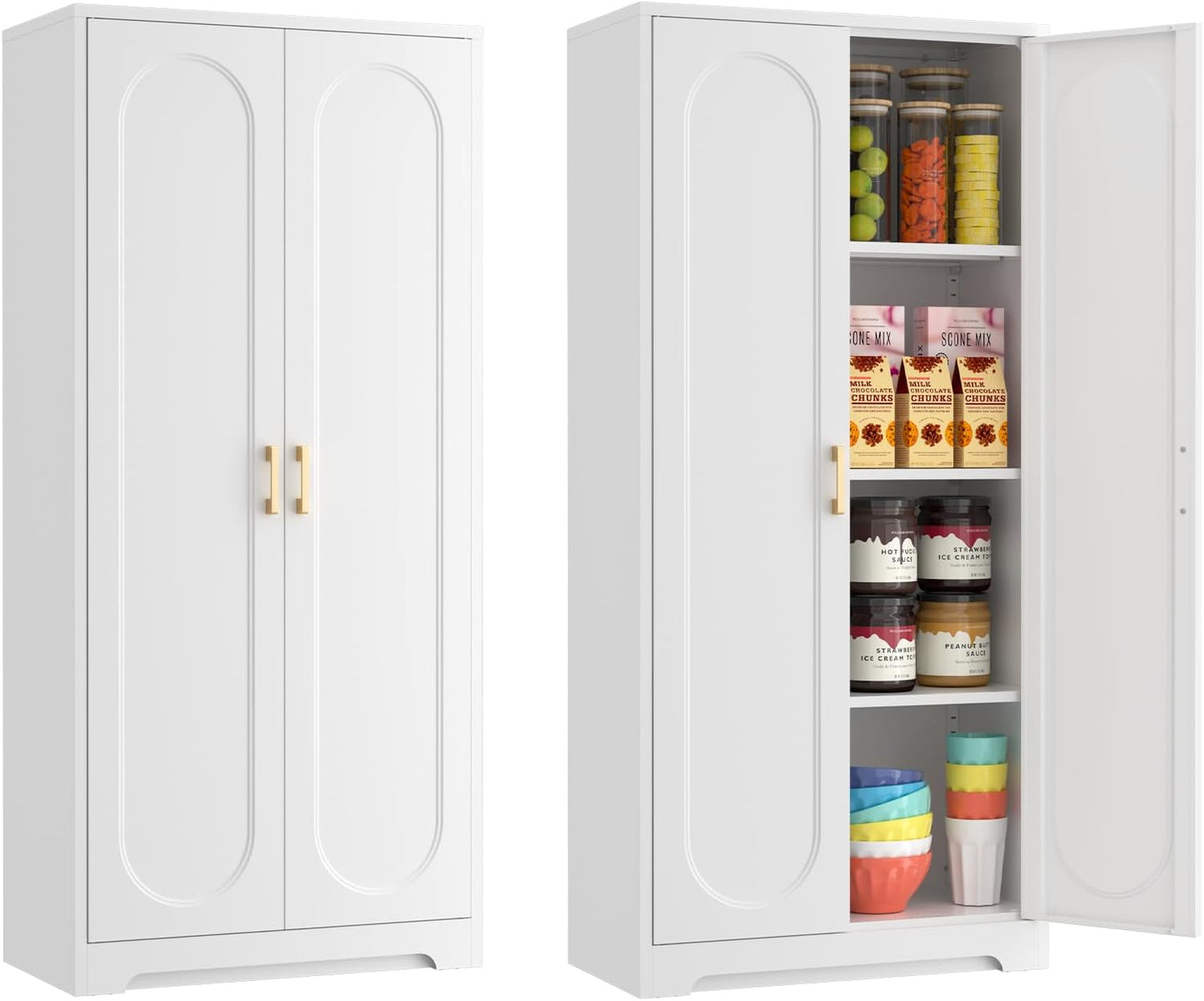 60" Tall Kitchen Pantry Cabinet, Metal Pantry Cabinet with Doors and Adjustable Shelves, White