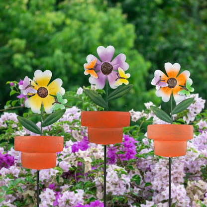 Metal Garden Stakes Decor,3 Pack Flowers Pot Decorative Garden Stakes, Waterproof Spring Outdoor